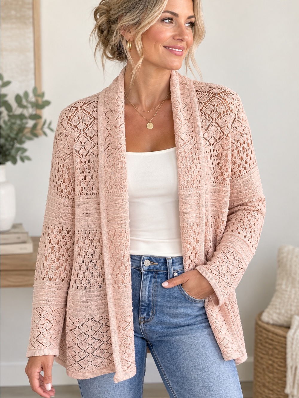 Coldwater Creek Blush Pink Open Knit Lace Cardigan Boho Size L